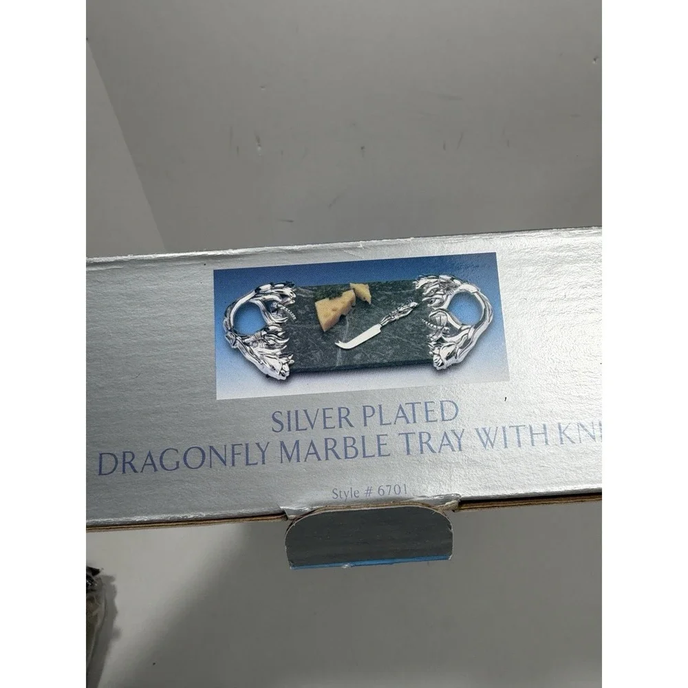 Godinger Silver Plated Dragonfly Green Marble Tray NO KNIFE‎ Cheese Tray